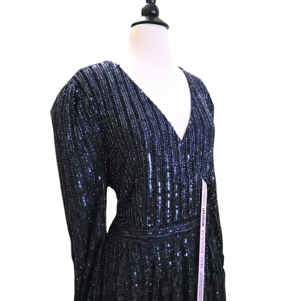 Mac Duggal 93679D Midnight Navy Blue Beaded Lace Long Sleeve Wrap Gown 18 Dress - Picture 4 of 12